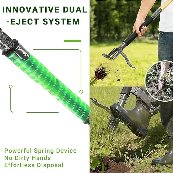 Weed Puller Tool, Heavy Duty Gardening Hand Tools with 4-Claw Steel Head & Dual-Eject Mechanism, 43.5" Bamboo Long Handle Stand Up Weeding Tool for Lawn Yard, Includes 16 Gallon Leaf Bag