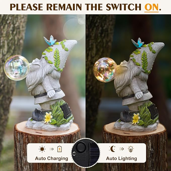 Gnome Garden Statue Solar Lights Outdoor Decoration, Lawn Decor Gift Idea for Patio, Yard, Balcony, Cute Housewarming, Birthday, for Women
