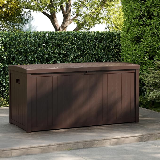 ZYJOYY Outdoor Storage Box, 120 Gallon Deck Box Indoor and Outdoor Use, Waterproof Resin Storage Bin for Patio Cushions, Gardening Tools, Lockable, UV Resistant, Brown