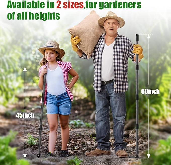 2-in-1 Garden Hoe Tool with Cultivator Rake, 45" Long Handle Small weed Hoe for Weeding, Heavy Duty hand tiller Gardening Hoes for Raised Beds, Backyards,Indoor Greenhouse, Outdoor Planting