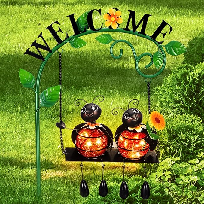 Ladybug Swing Solar Light Metal Christmas Ladybug Hanging Animal Garden Decorative Gift with Welcome Sign Waterproof Solar Outdoor Lights for Patio Balcony Pathway Lawn Yard Gifts