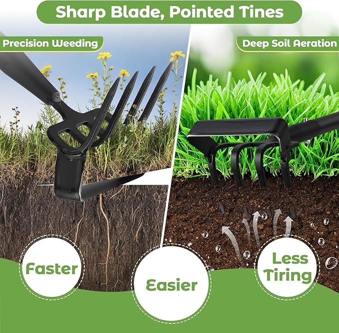 Garden Hoe,2 in 1 Heavy Duty Stirrup Hoe and Cultivator Gardening Tool Set with 62 inch Long Handle,Lightweight Hoes Weeding Rake for Fast Weeds Grass Removal,Cultivating, Loosen Soil, Sharp Edge