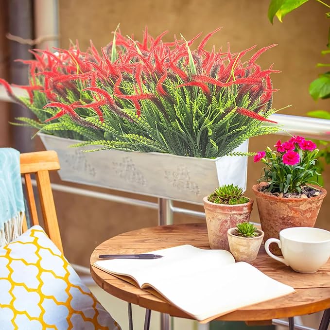 10 Bundles Artificial Plants Outdoor Fake Grass with Flowers UV Resistant Greenery Garden Porch Window Box Decorating (Red)