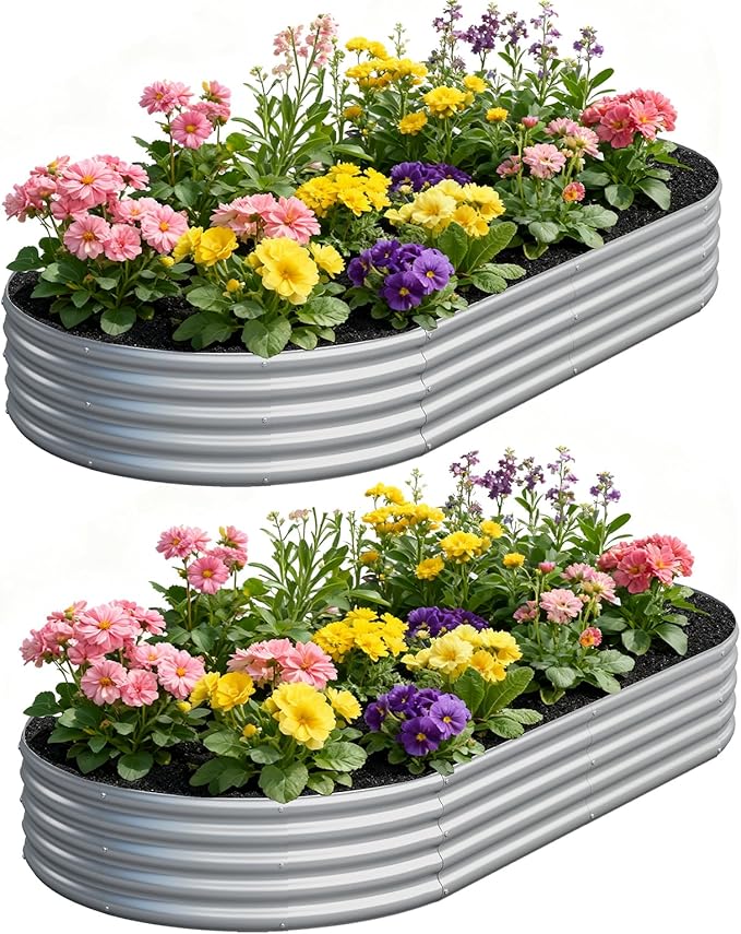 zizin 2 Pack Galvanized Raised Garden Bed Metal Oval Raised Garden Beds Outdoor Planter Box for Vegetables (8x4x1FT, Silver)