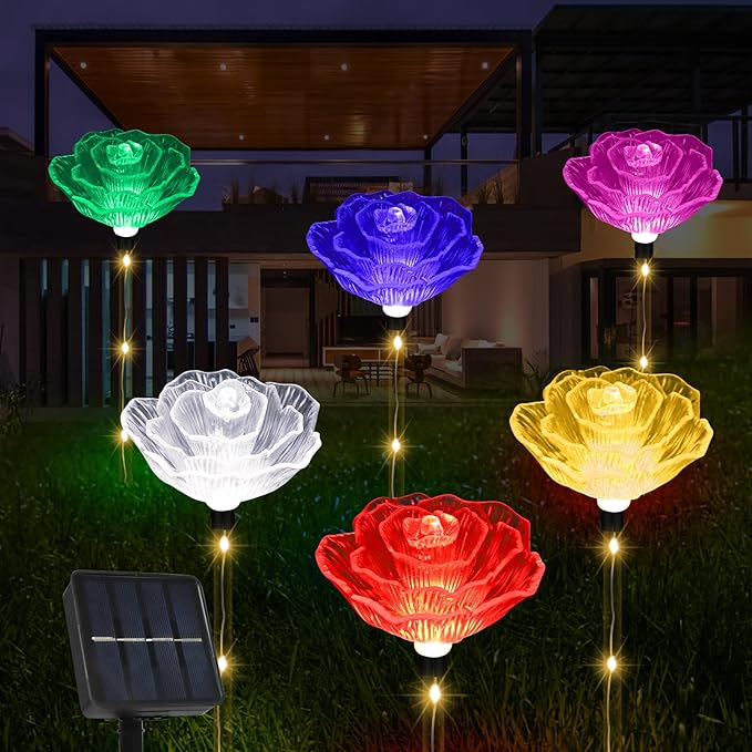 Solar Garden Light Outdoor Waterproof,6PACKS Multicolor Bigger Rose Flowers Lights Lawn Decor,Solar Pathway Rose Lights for Garden,Mom Day,Christmas,Housewarming Gifts Decor