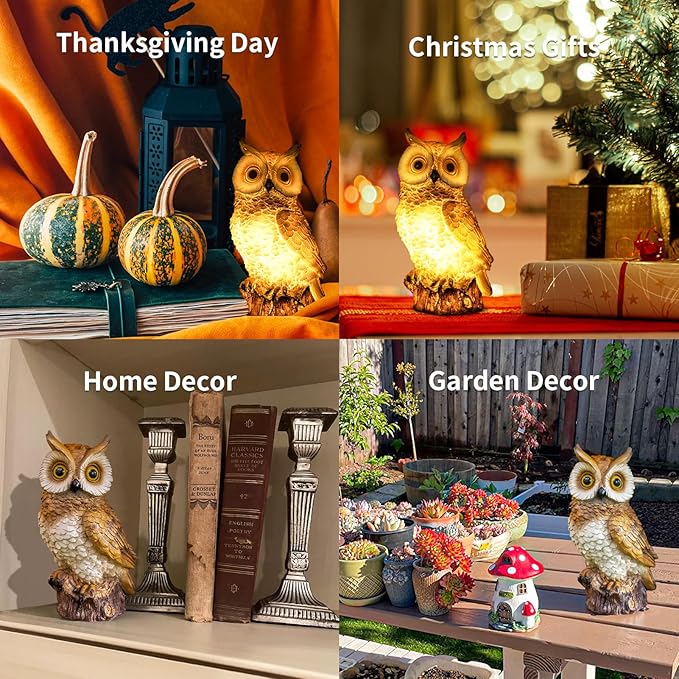 Solar Owl Garden Statues Outdoor Decor Resin Owl Figurine with LED Lights Owl Sculpture for Porch Patio Lawn Yard Decorations Christmas Housewarming Gifts for Women Mom,Brown Owl