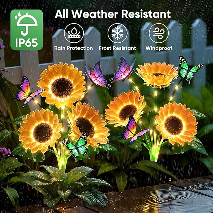 Solar Flowers Outdoor Waterproof: 2 Pack Solar Sunflower Lights with Butterflies for Garden Decor - Auto On Off IP65 Outdoor Lights - Unique Gifts for Mom and Gardeners