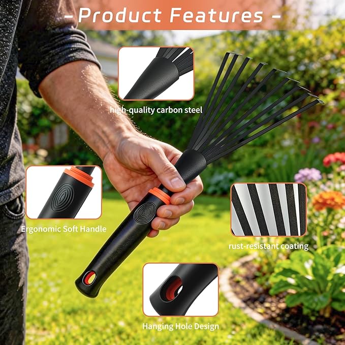 Hand Rake, Garden Stainless Steel Hand Rake with Ergonomic Handle for Gardening, Garden Sweep Yard Flower Beds Tool
