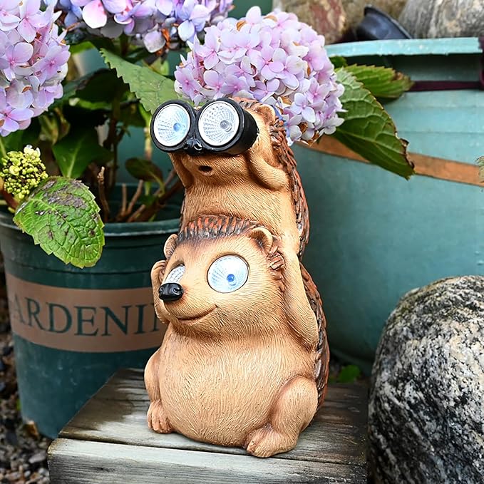 Garden Decor Solar Outdoor: Hedgehog Statue Animal Lights Outside Decorations Backyard Funny Sculptures Cute Figurines Gifts for Father Husband Anniversary Housewarming