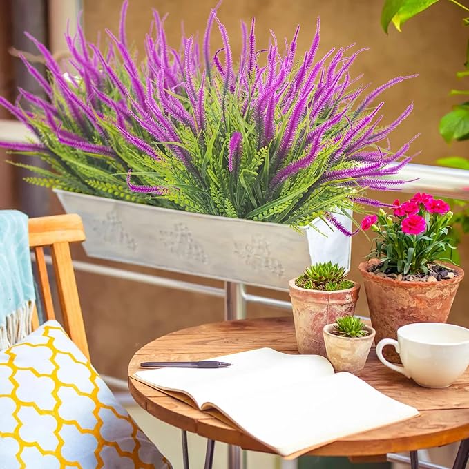 10 Bundles Artificial Plants Outdoor Fake Grass with Flowers UV Resistant Greenery Garden Porch Window Box Decorating (Magenta)