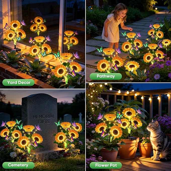 Solar Flowers Outdoor Waterproof: 2 Pack Solar Sunflower Lights with Butterflies for Garden Decor - Auto On Off IP65 Outdoor Lights - Unique Gifts for Mom and Gardeners