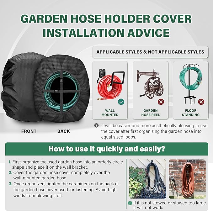 Bethshaya Wall-Mounted Hose Holder Cover - Fits Standard 5/8" Hoses (0-75 ft), Extends Hose & Hook Lifespan - Weatherproof Protection Against Rain, Sun & Snow - Black Cover Only