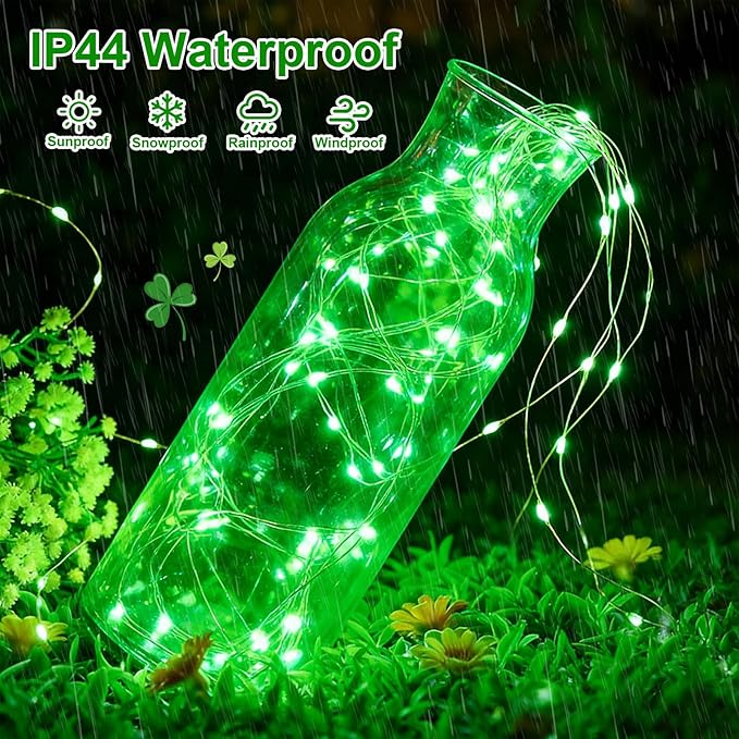 QITONG 4 Pack Solar St. Patricks Fairy Lights, Each 33ft 100 LED Green Christmas String Light Outdoor Waterproof, 8 Modes Silver Wire Twinkle Mini Lights