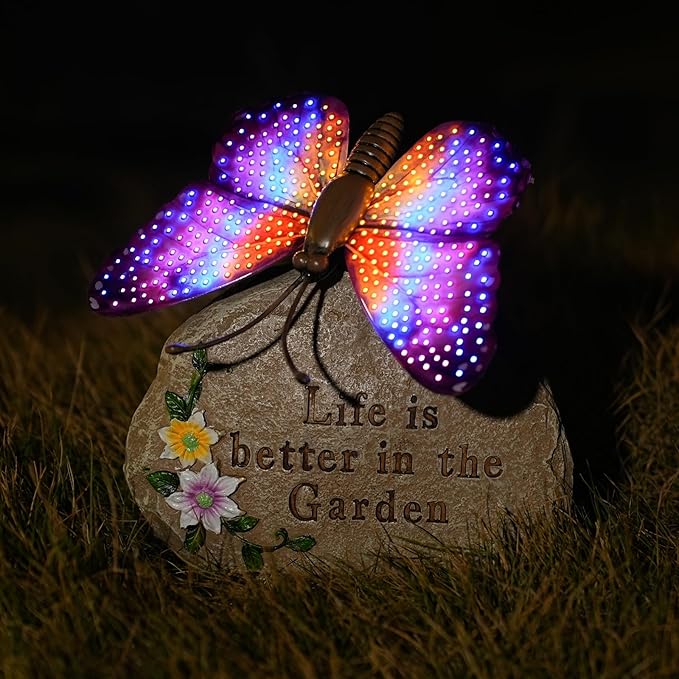 Solar LED Butterfly Garden Statue with Sparkling Light-Up Wings - Outdoor Yard Patio Decor Figurine, for Women Mom Grandma(Purple)