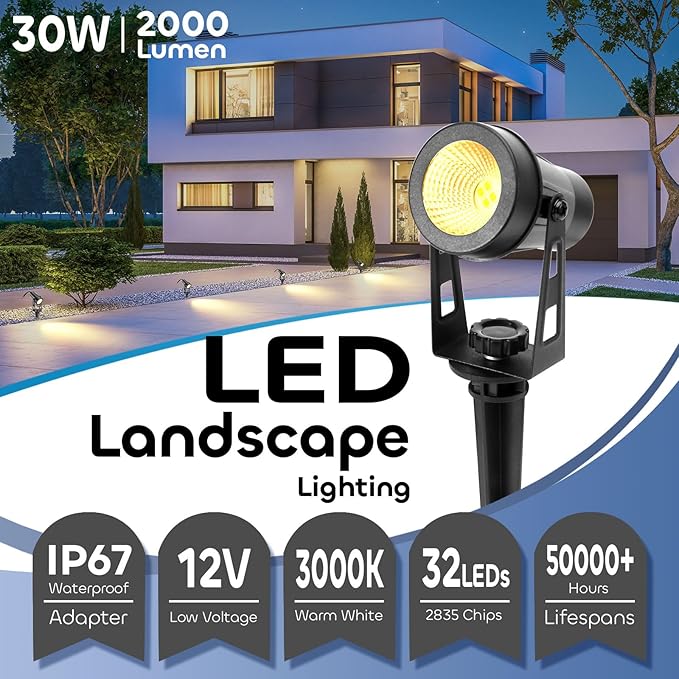ECOWHO Landscape Lighting with Transformer, IP65 LED Outdoor Spotlights Waterproof 30W 2000LM Warm White 3000K Garden Lights, 90ft Cable for Garden Pathway Yard Tree Uplighting Patio (8 Pack)