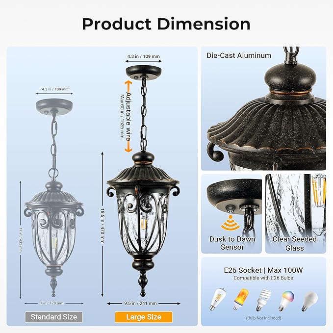 VIANIS Dusk to Dawn Outdoor Hanging Lights, Large Bronze Vintage Outdoor Pendant Light, Waterproof with Seed Glass, Anti-Rust Adjustable Length Chandelier, Porch Ceiling Light for Yard, Doorway