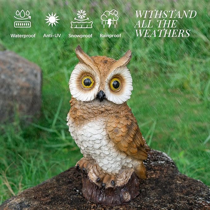 Solar Owl Garden Statues Outdoor Decor Resin Owl Figurine with LED Lights Owl Sculpture for Porch Patio Lawn Yard Decorations Christmas Housewarming Gifts for Women Mom,Brown Owl