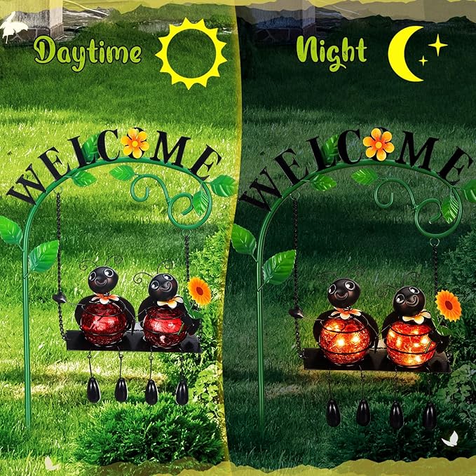 Ladybug Swing Solar Light Metal Christmas Ladybug Hanging Animal Garden Decorative Gift with Welcome Sign Waterproof Solar Outdoor Lights for Patio Balcony Pathway Lawn Yard Gifts