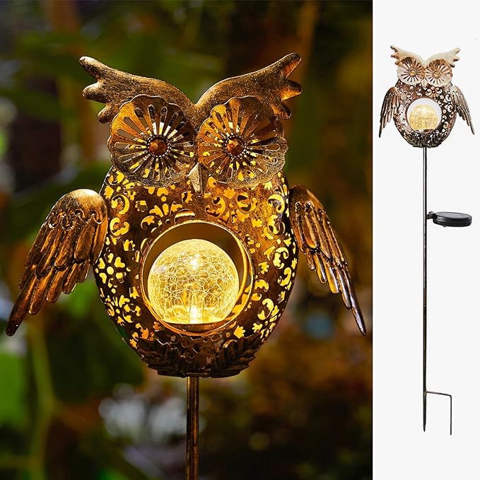 Go2garden Solar Lights Outdoor Owl Garden Gifts Mom Metal Stakes Lights for Lawn Ornaments, Yard Art, Pathway Decorations,Birthday Mothers' Day Gift for Grandma Wife (Bronze)