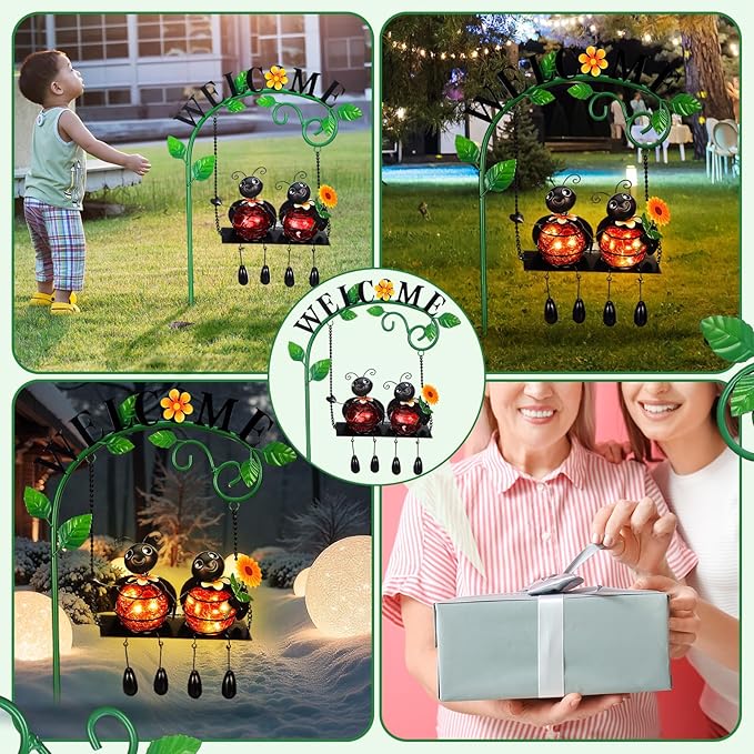 Ladybug Swing Solar Light Metal Christmas Ladybug Hanging Animal Garden Decorative Gift with Welcome Sign Waterproof Solar Outdoor Lights for Patio Balcony Pathway Lawn Yard Gifts