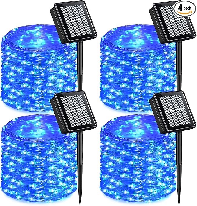 QITONG 4 Pack Solar Fairy Lights, Each 33ft 100 LED Blue Christmas String Light Outdoor Waterproof, 8 Modes Silver Wire Twinkle Mini Lights