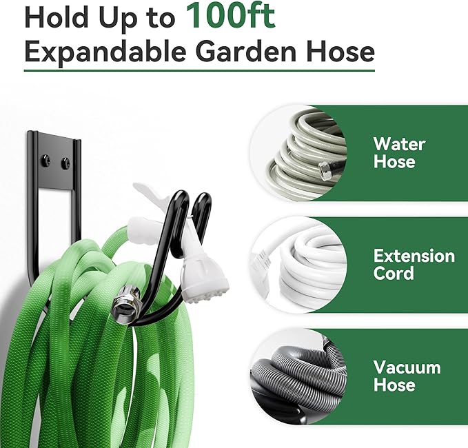 Black Metal Garden Hose Holder - Wall Mounted Water Hose Holder - Hose Hanger Heavy Duty for Water Hose Extension Cords Vacuum Hose (1 Pack)
