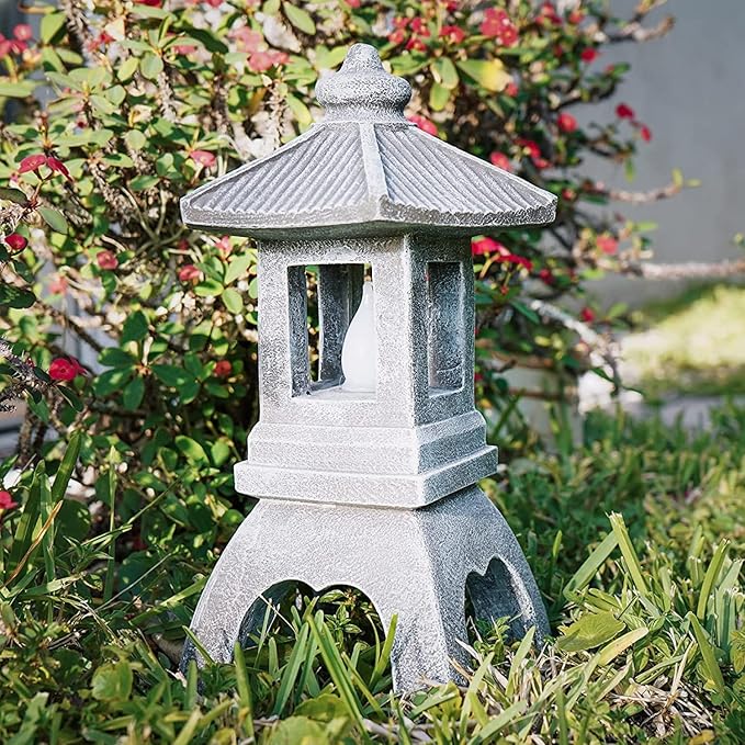 VP Home Pagoda Garden Statue, Solar Powered Statue Japanese Garden Decor, Outdoor Zen Garden Lantern, Flickering LED Garden Light (Tranquil Pagoda)
