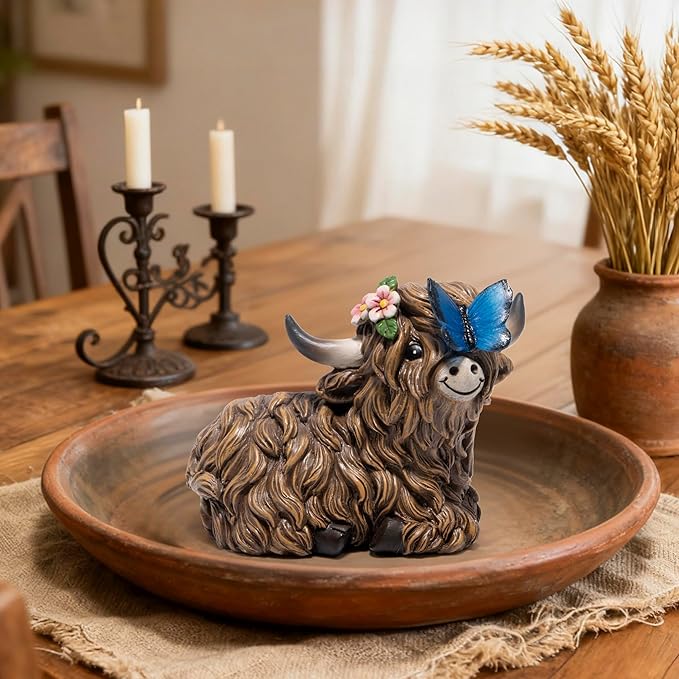 basen Solar Highland Cow Garden Statue with Lighted Butterfly, Resin Outdoor Yard Decor with Solar Panel, Waterproof Lawn Patio Ornament for Garden, Pathway, Backyard Decor Gift