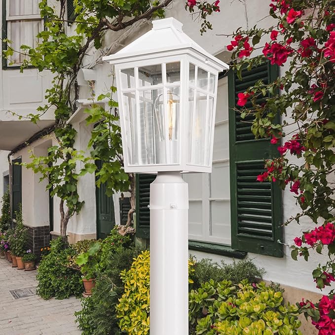 Darkaway Large Outdoor Post Lights Lamp Post Light Fixture, 17inch Waterproof Aluminum Post Lamp with Glass, Fence Deck Lighting for Garden, Patio, Pathway (Large，White)