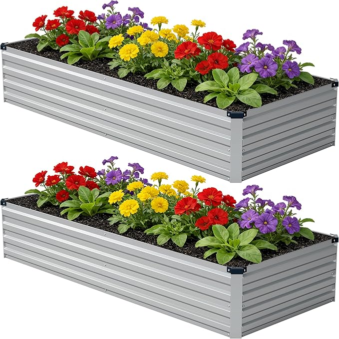 zunatu 8x2x1 ft(2 Pack) Galvanized Raised Garden Bed,Outdoor Planter Box Metal Patio Kit Planting Bed for Vegetables Flowers and Succulents,Silver