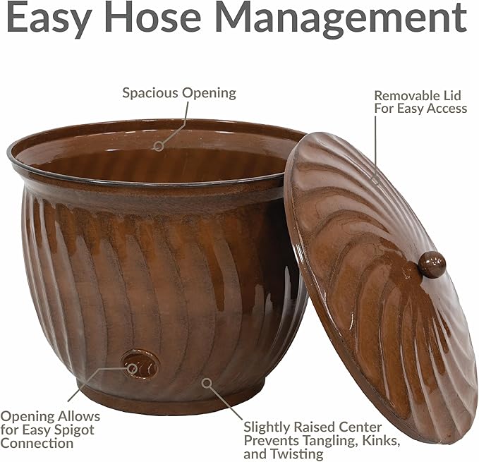 Sunnydaze Metal Garden Hose Holder Pot with Lid - UV-Resistant 145-Foot Garden Hose Pot Holder - Brown Glaze Finish