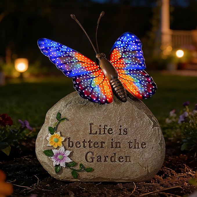 Solar LED Butterfly Garden Statue with Sparkling Light-Up Wings - Outdoor Yard Patio Decor Figurine, for Women Mom Grandma (Orange)