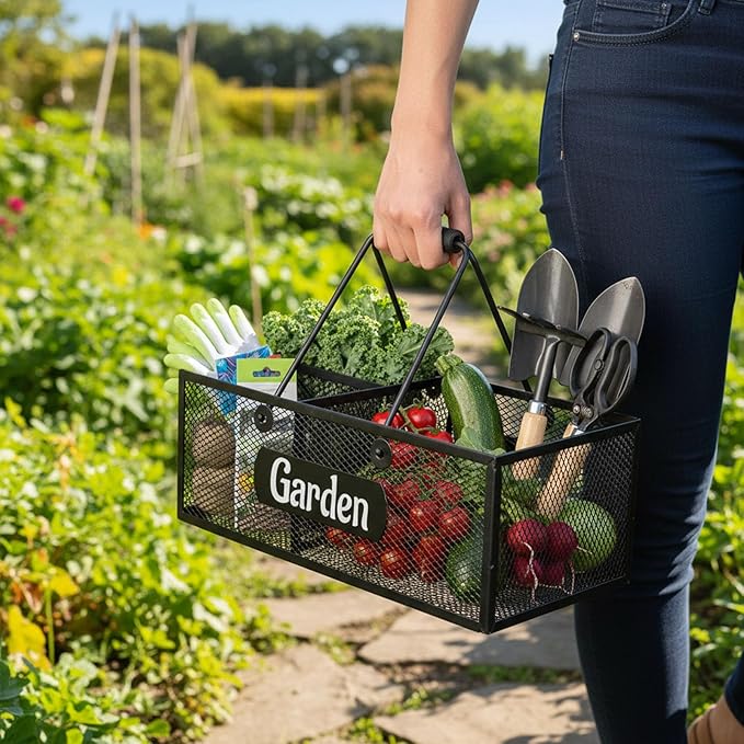 Xbopetda Garden Tool Storage, 4 Compartments Metal Mesh Garden Caddy, Portable Garden Basket with Handles, Gardening Tool Organizer for Indoor and Outdoor, Gardener Gift for Gardening Lovers, Black