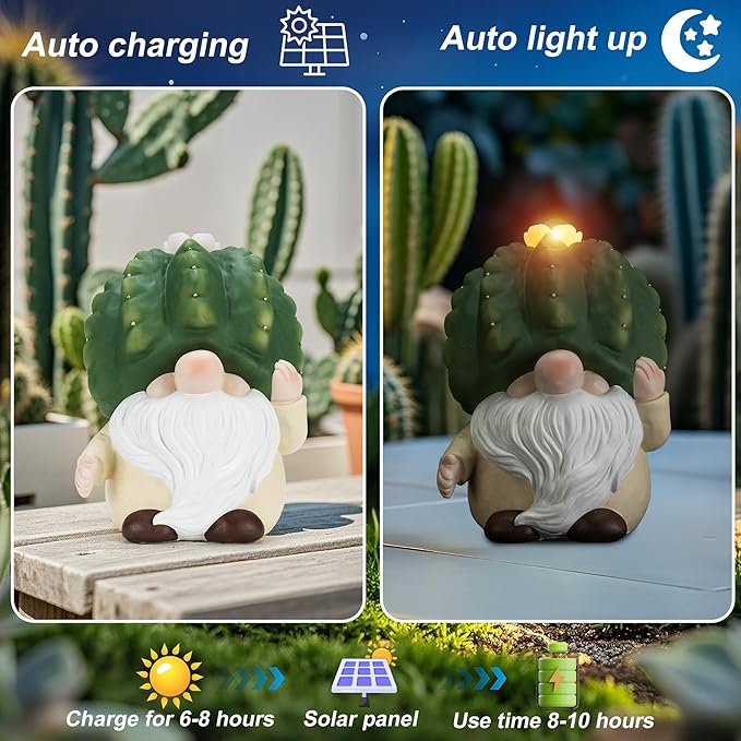 Solar Cactus Gnome Statue Garden Decor Light - Outdoor Decorative LED Flower, Suitable for Patio, Lawnand Garden Decorations, Gifts for Mom