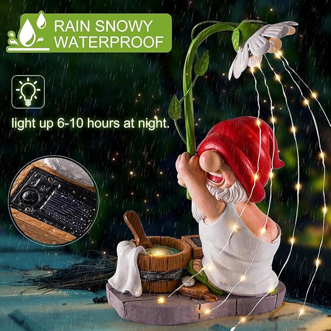 WINTS Garden Gnomes Outdoor Statue with Solar Lights,Bathing Funny Gnome Solar Garden Decorations for Lawn,Balcony,Yard,Patio Gnome Gifts for Mom