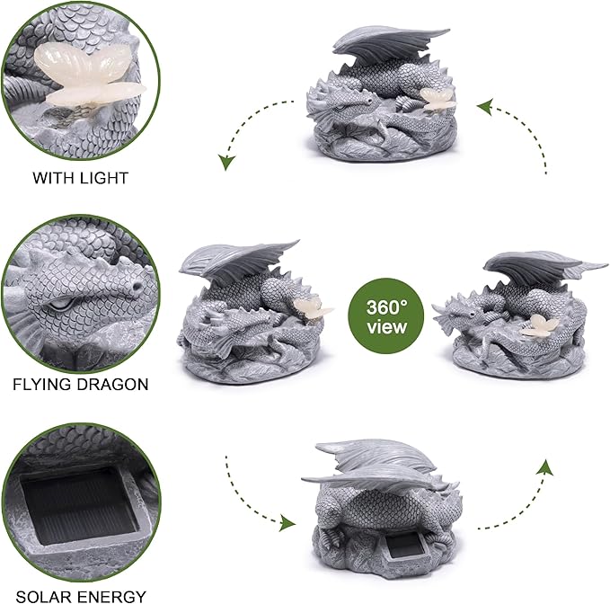 basen Solar Dragon Garden Statue Outdoor Decor, Resin Flying Dragon Figurine with LED Light, Solar Powered Fantasy Yard Art for Lawn Patio Porch Pathway, Weather Resistant