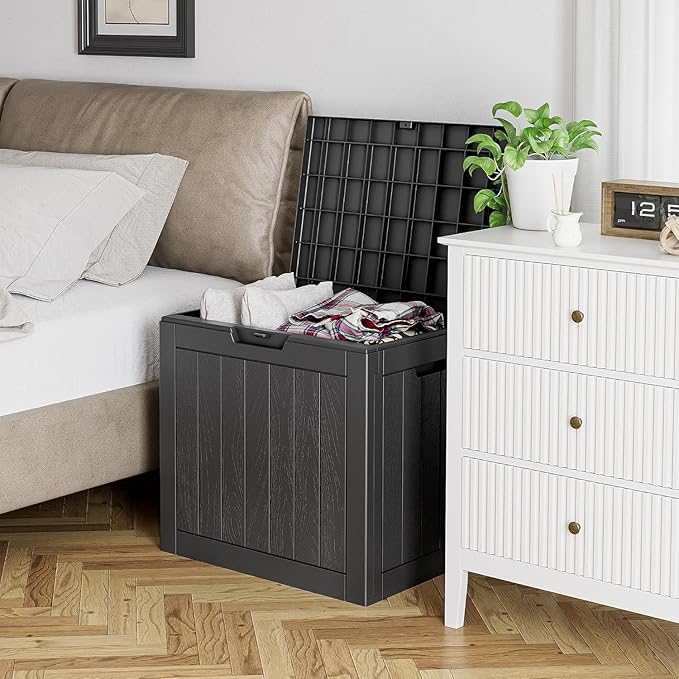 WTFGO 32 * 2 Gallon Outdoor storage deck Box Waterproof ，garden tool,backyard cushion,poolside toy storage,Small delivery boxes for outside,Two Boxes/set,Wood-like Striped BLack