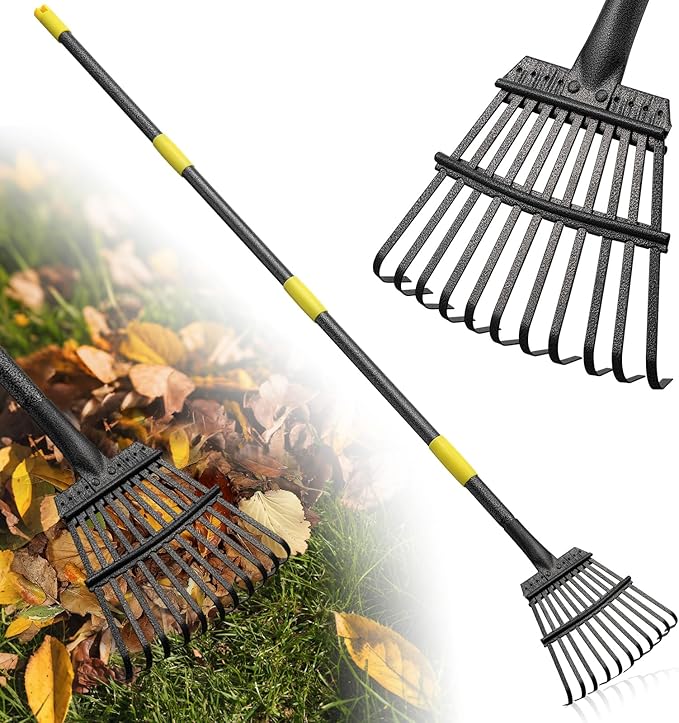 Leaf Rake: 8.5" Wide Heavy Duty Small Metal Garden Rake for Lawn Yard Garden Bed Leaves Debris Shrub Pine Needles Cleanup, 11 Metal Tines, Lightweight Kids Leaf Rakes, 72” Long Handle