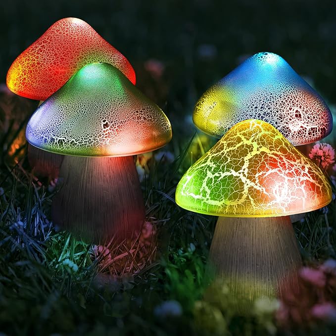 Macarrie 2 Pcs Mushroom Solar Lights Decor Garden Outdoor 4.7x5.7 Inch Solar Lights Waterproof Garden Pathway Landscape Lamp Gift for Spring Easter Summer Yard Lawn Patio Decoration(Red, Yellow)
