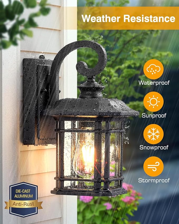 VIANIS Black Outdoor Light Fixture Dusk to Dawn, 2 Pack Porch Lights Outdoor, Exterior Lighting Fixtures with Seed Tempered Glass, Outside Lights for House, Garage, Doorway, Patio