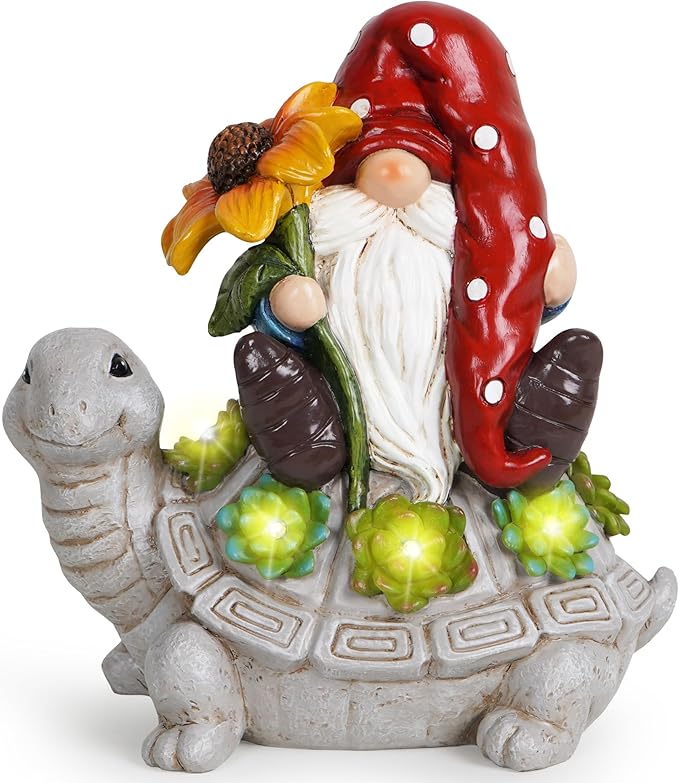 basen Solar Turtle Gnome Garden Statue Outdoor Decor, Resin Turtle with Gnome Figurine and LED Light, Solar Powered Yard Art for Lawn Patio Porch Pathway, Weather Resistant