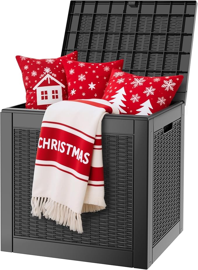 WTFGO 31 Gallon Outdoor Storage Deck Box Waterproof,Garden Tool,Backyard Cushion,Poolside Storage,Small Delivery Boxes for Outside,Lockable Lid,Rattan Black