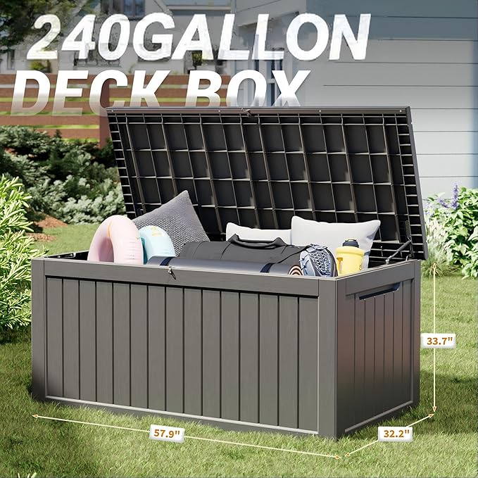 WTFGO 240 Gallon Large Resin deck box Waterproof,Outdoor Storage Bench,Patio Storage Box,Garden Tool Storage,UV-Resistant & All-Weather,Wood-like Striped Gray