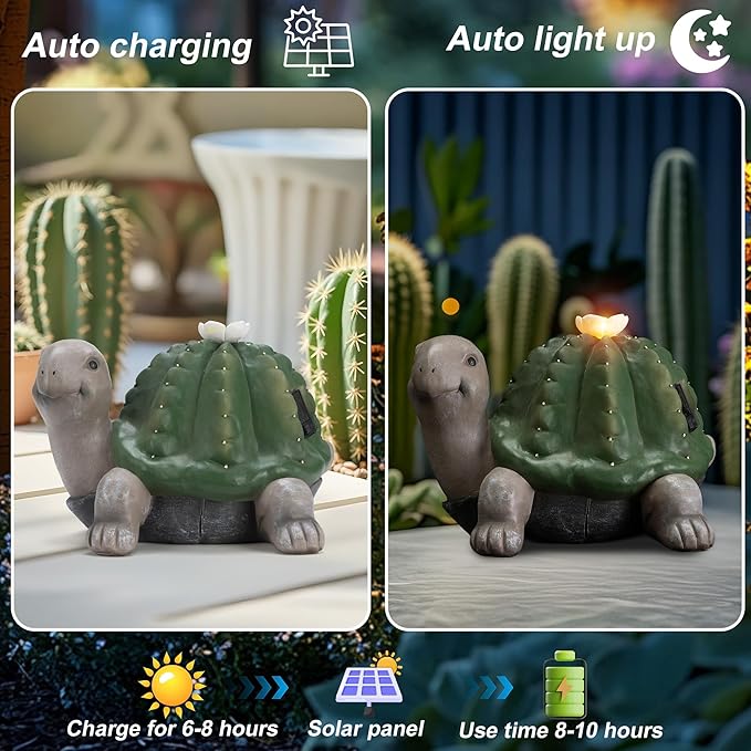 Solar Cactus Turtle Statue Garden Decor Light - Outdoor Decorative LED Flower, Suitable for Patio, Lawnand Garden Decorations, Gifts for Mom