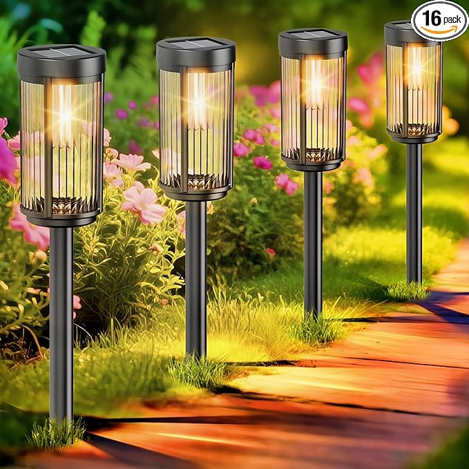 EXCMARK 16 Pack Outdoor Solar Lights Waterproof for Yard Garden Walkway Pathway Lawn Decorative Contemporary Landscape Lighting. (Warm White Light, 16)