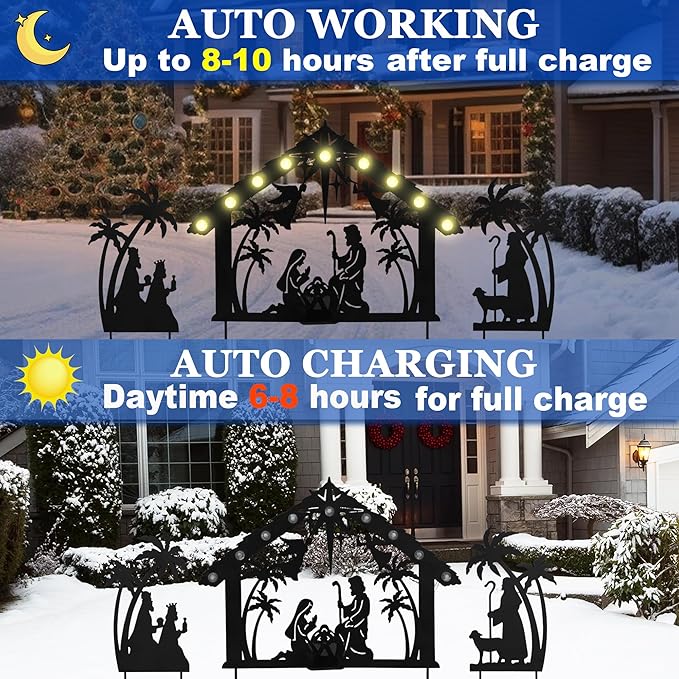 3Pack Lighted Metal Nativity Scene Garden Stake,Solar Christmas Decorations Outdoor,Silhouette Nativity Set Outside for Yard Decor
