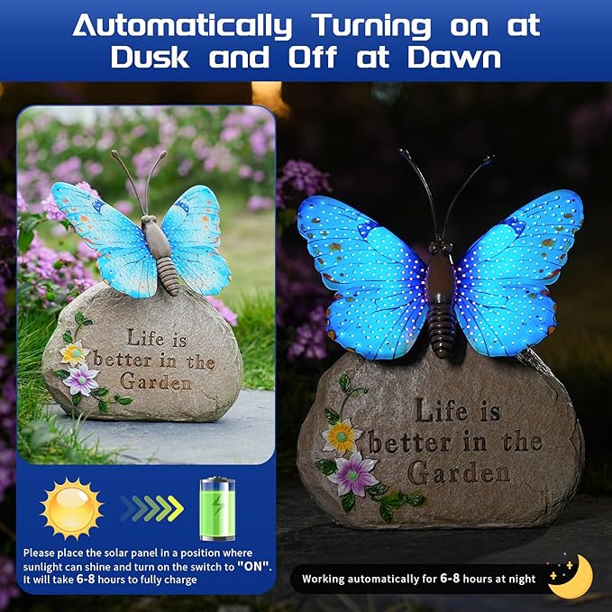 Solar LED Butterfly Garden Statue with Sparkling Light-Up Wings - Outdoor Yard Patio Decor Figurine, for Women Mom Grandma (Blue)