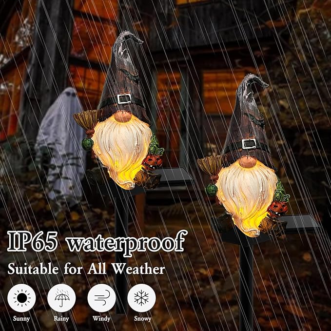 Halloween Gnome Garden Lights Outdoor Solar Halloween Pathway lights, Fall Yard Stakes Fall Decorations Gnome Statue with Bat&Pumpkin, Gnomes Gifts Fairy Garden Lights for Outside Lawn(Purple)