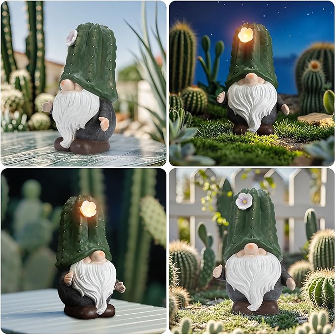 Solar Cactus Gnome Statue Garden Decor Light - Outdoor Decorative LED Flower, Suitable for Patio, Lawnand Garden Decorations, Gifts for Mom
