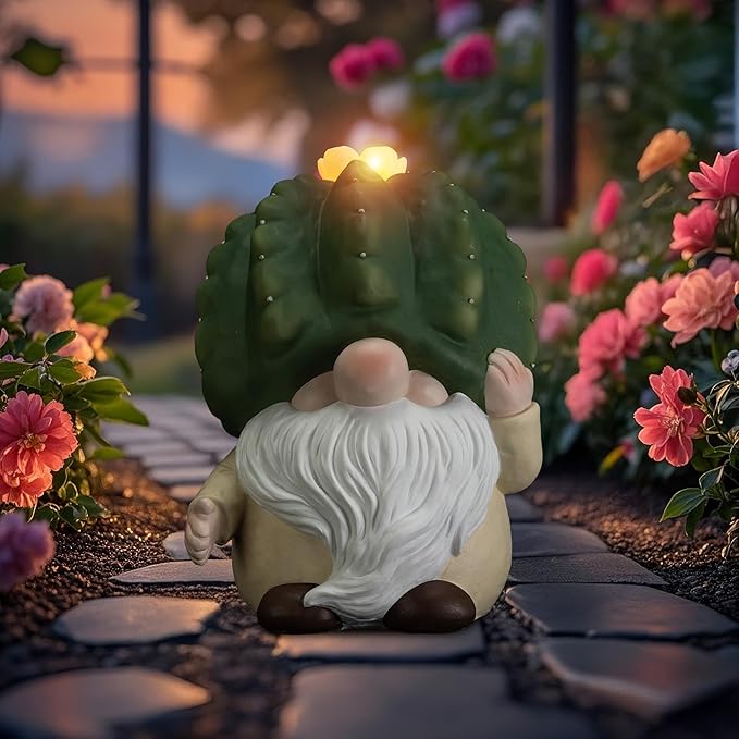 Solar Cactus Gnome Statue Garden Decor Light - Outdoor Decorative LED Flower, Suitable for Patio, Lawnand Garden Decorations, Gifts for Mom